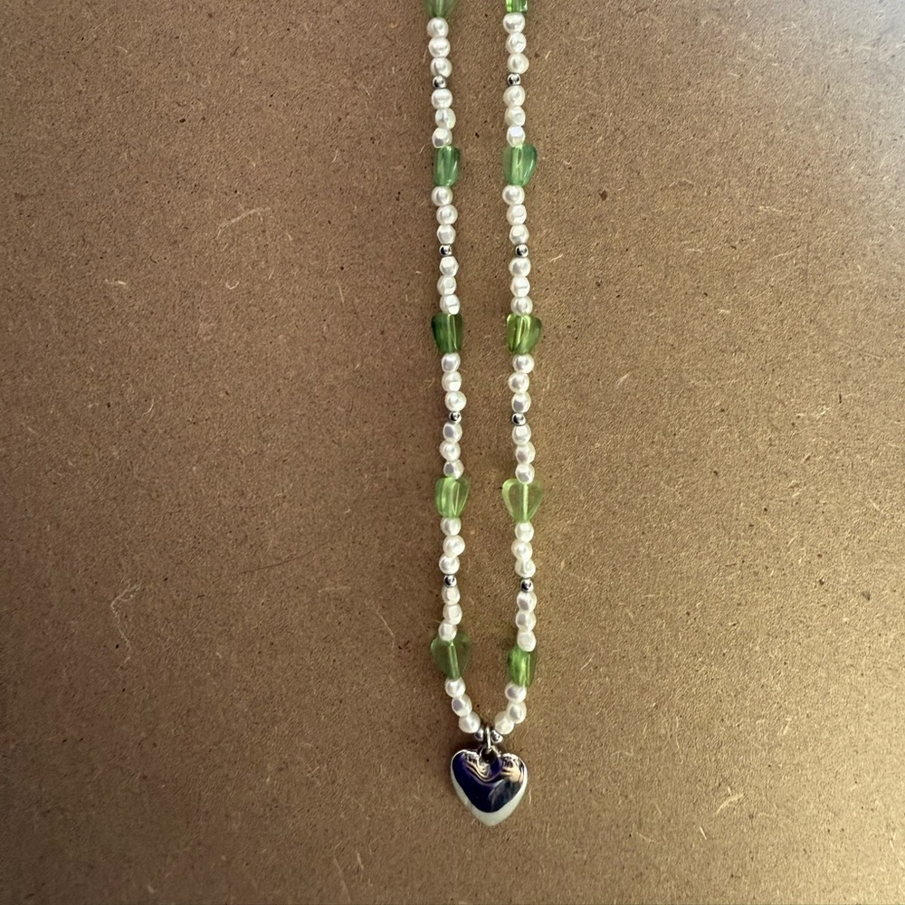 Chic Heart Pendant Necklace with Green and White Beads